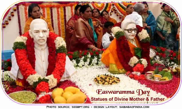 Upon reaching the Samadhi Mandir at 1647 hrs., Bhagawan unveiled the newly carved statues of Mother and Father by pulling the ribbon string, thus sanctifying the same.