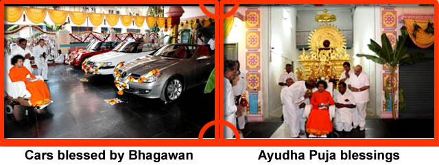 Nine cars blessed by Bhagawan's sanctifying touch at some point of time were ready at the eastern corner of the spacious hall awaiting Ayudha Puja blessings on this auspicious Durgashtami evening. Heading this group was the grand Golden Chariot. 