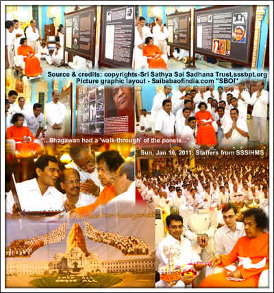 PHOTOS: Sun, Jan 16, 2011: Staffers from SSSIHMS, Whitefield, Bangalore have assembled in Prasanthi Nilayam this evening commemorating the occasion of a decade of service of the Temple of Healing that had its inception on 19th January ten years ago.